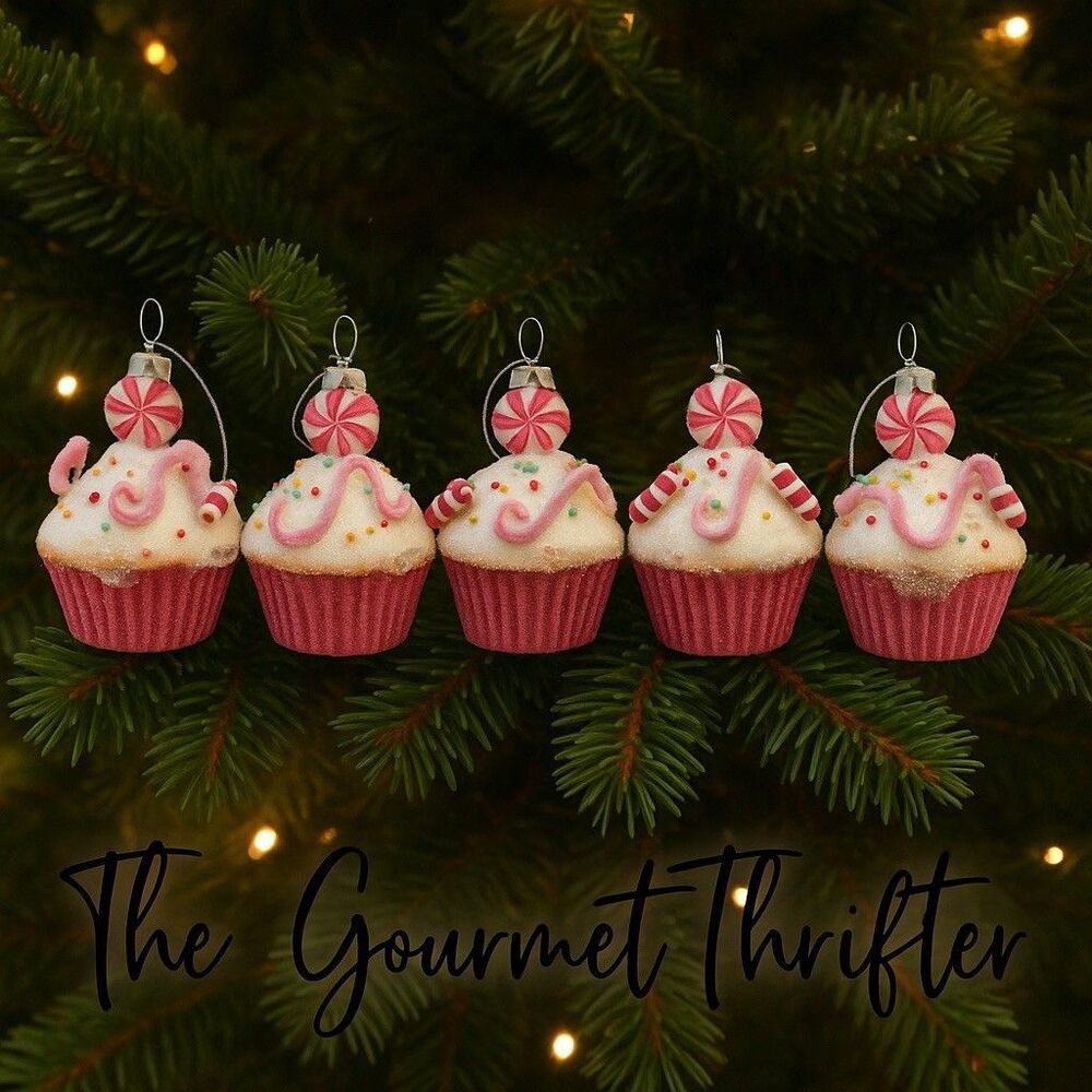 Candy Sprinkle Cupcake Ornament Set Of 5 Candy Cane Christmas Sweets NEW